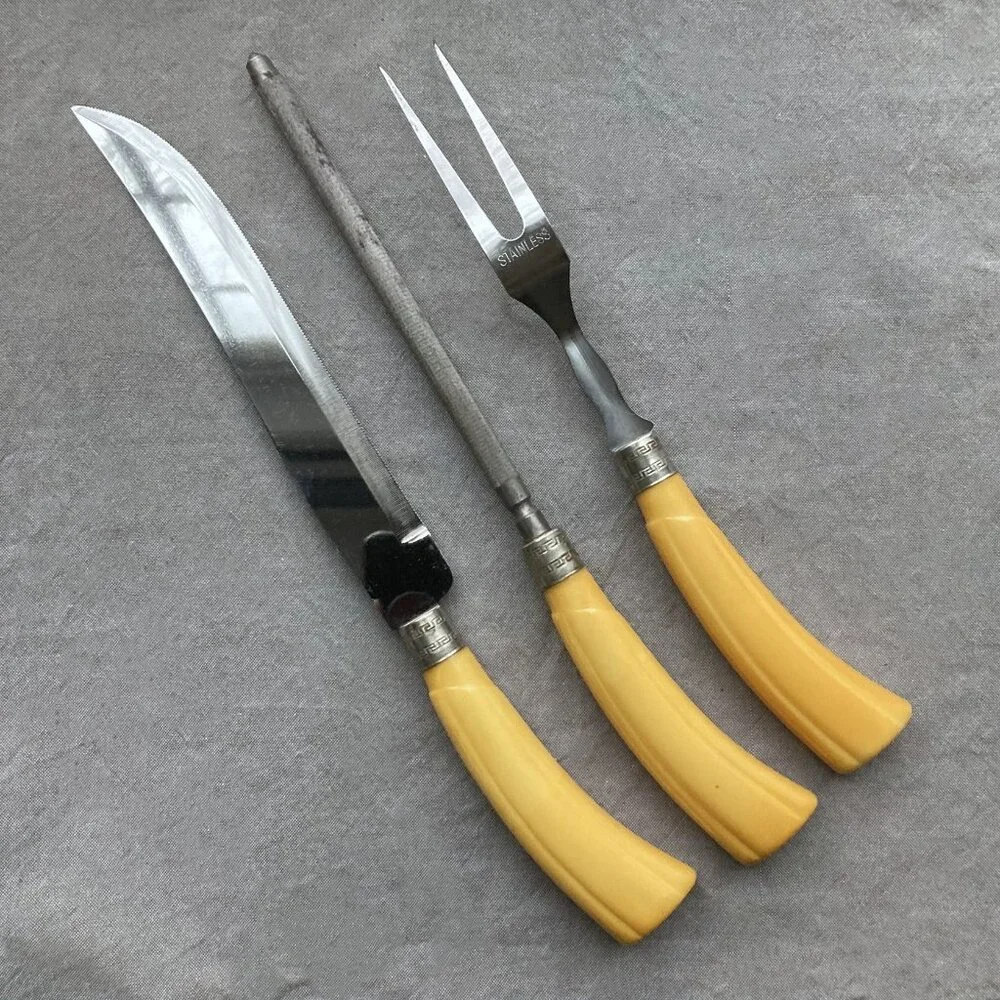 BAKELITE Handled Sheffield 3pc. Carving Set, Westall Richardson, England Vintage